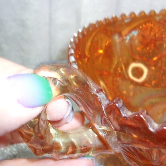 H-379 IMPERIAL STAR AND FILE HANDLED BOWL ORANGE CARNIVAL GLASS - Picture 6 of 13
